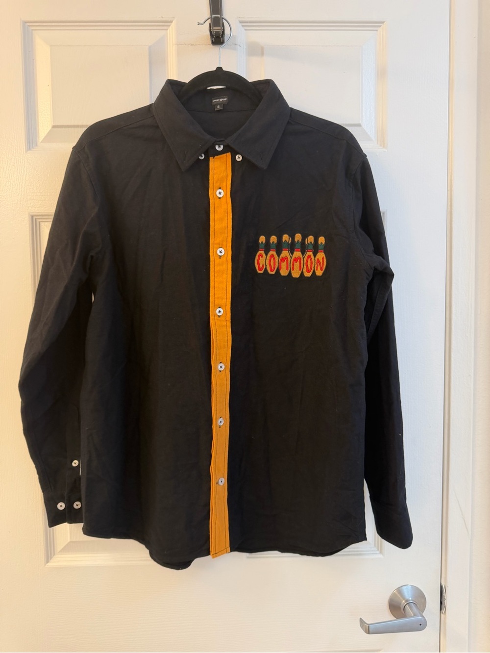 Common Apparel Bowling Pin Embroidered Black Button Up Shirt Men’s S Streetwear